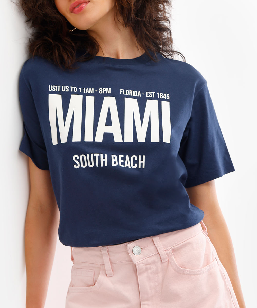 camiseta feminina de algodão miami azul