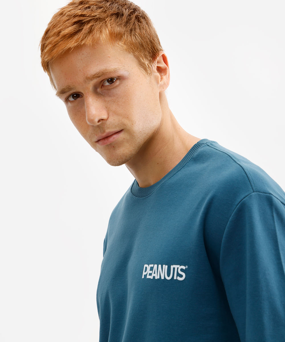 camiseta masculina de algodão snoopy azul