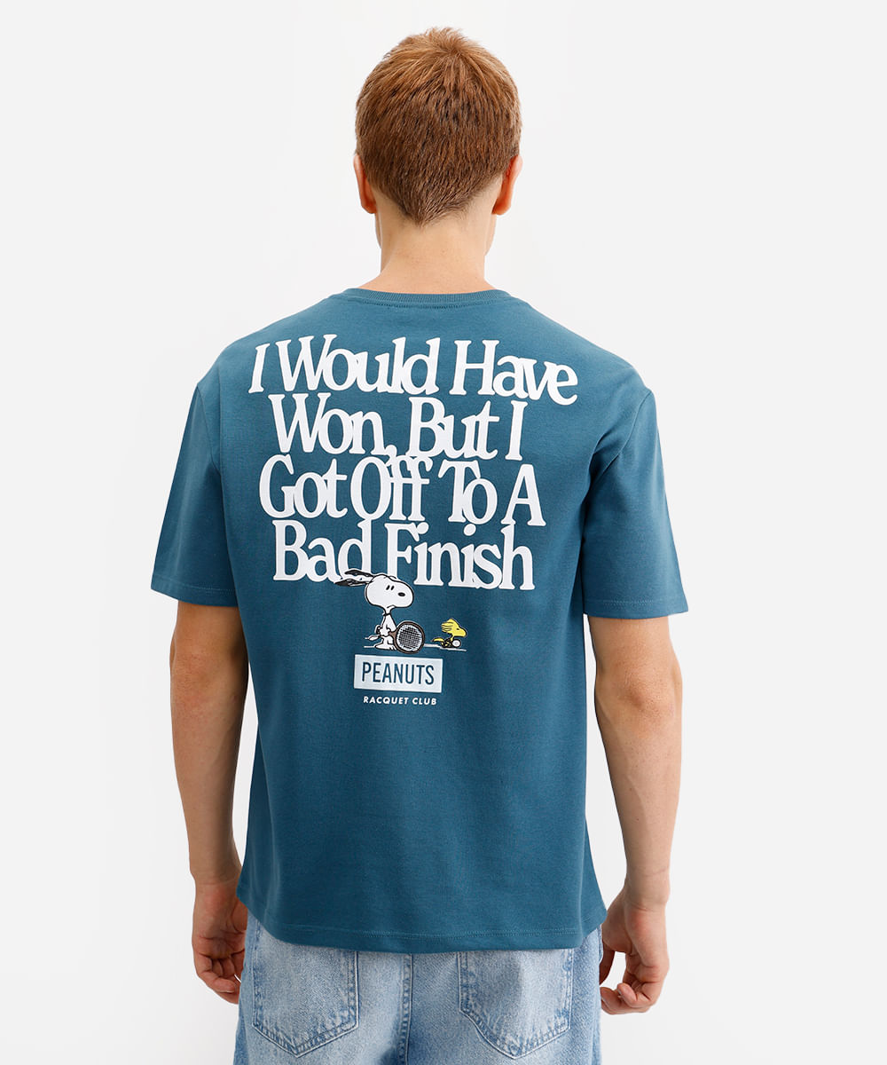 camiseta masculina de algodão snoopy azul