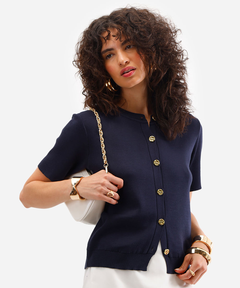blusa feminina de tricot com botões azul