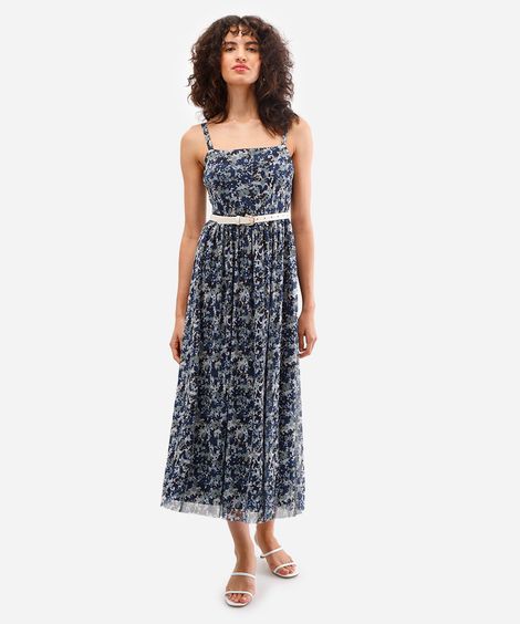 vestido midi feminino de tule estampado azul