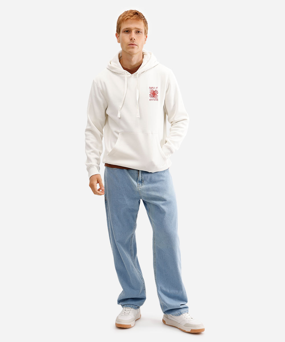 blusão masculino de moletom canguru com capuz off white