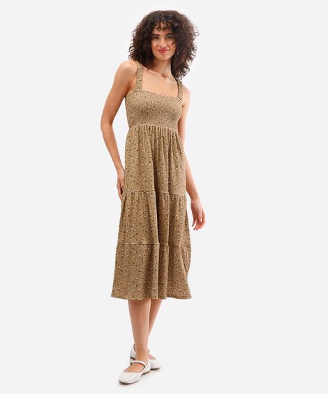 vestido midi feminino texturizado floral marrom