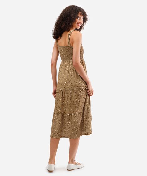 vestido midi feminino texturizado floral marrom
