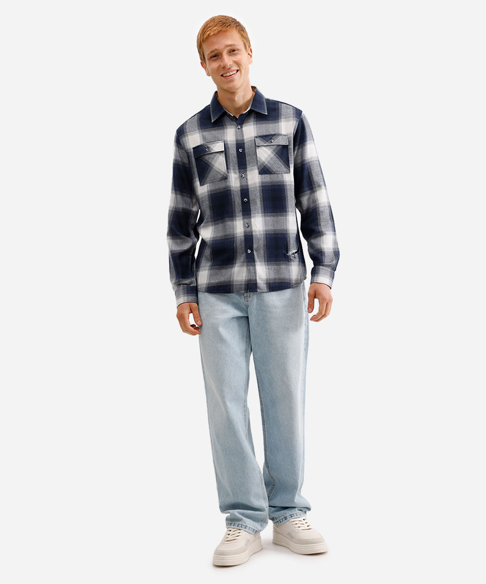 camisa masculina com viscose xadrez azul