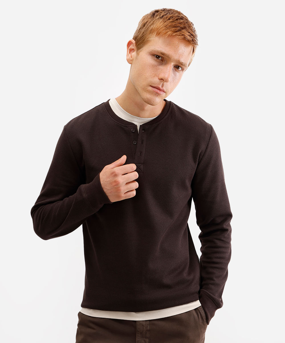blusa básica masculina manga longa texturizada marrom