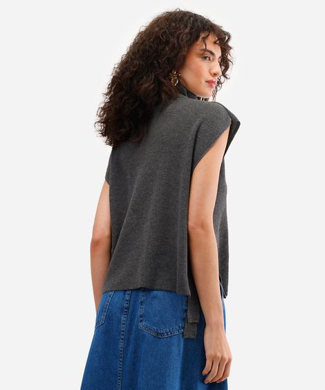 blusa feminina de tricot com abertura gola alta cinza