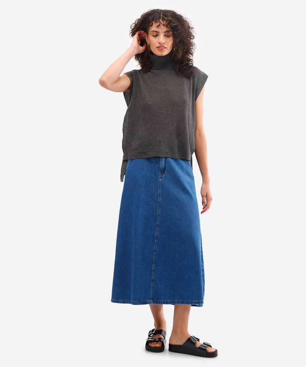 blusa feminina de tricot com abertura gola alta cinza