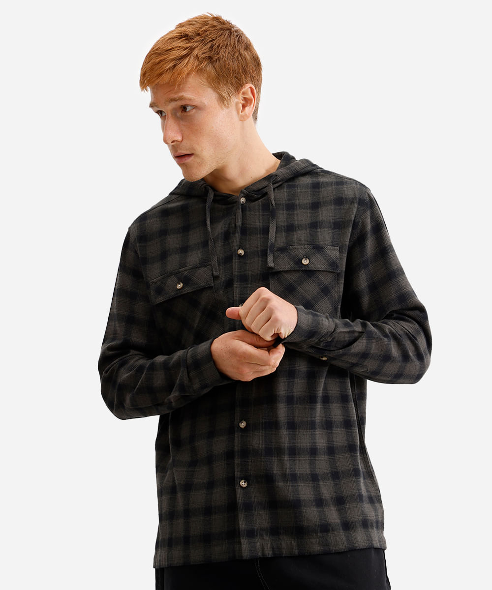 camisa masculina de algodão com capuz xadrez verde