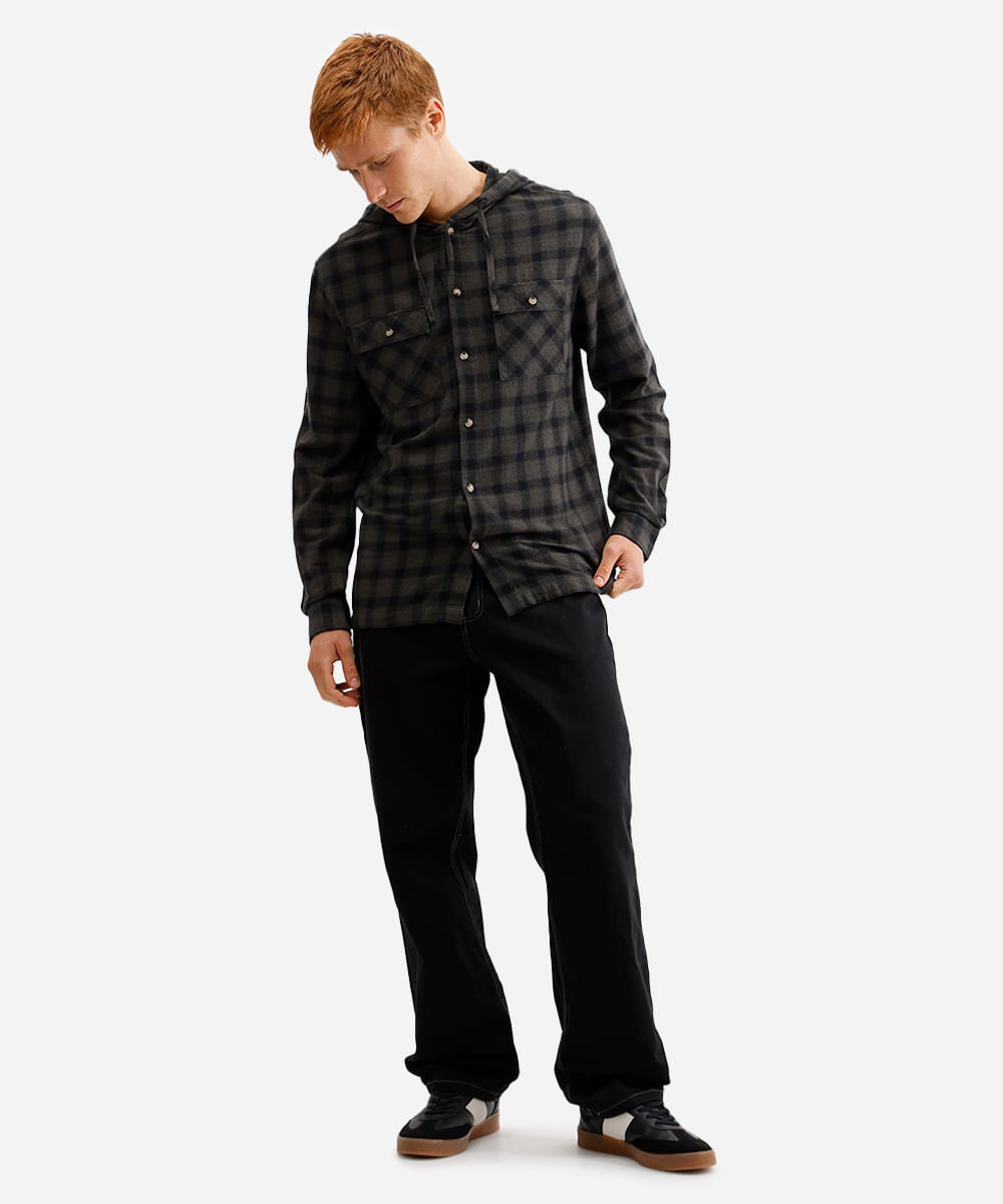 camisa masculina de algodão com capuz xadrez verde