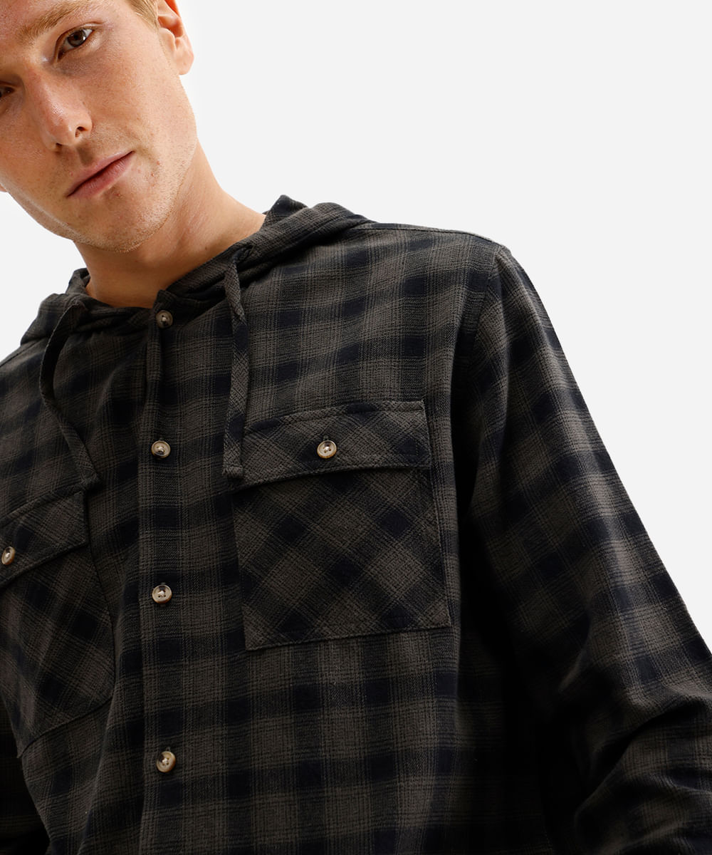 camisa masculina de algodão com capuz xadrez verde