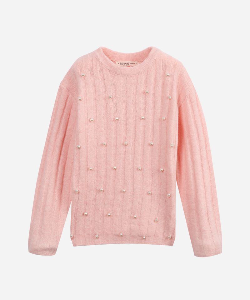 suéter de tricot infantil com pérolas rosa