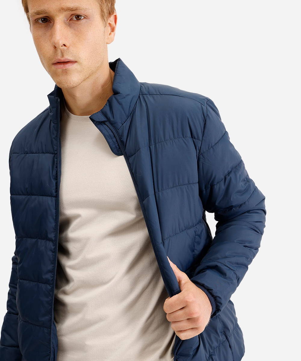 jaqueta puffer básica masculina manga longa azul