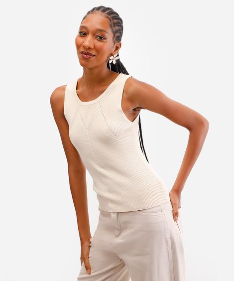 regata feminina de tricot canelada bege