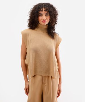blusa feminina de tricot com abertura gola alta bege