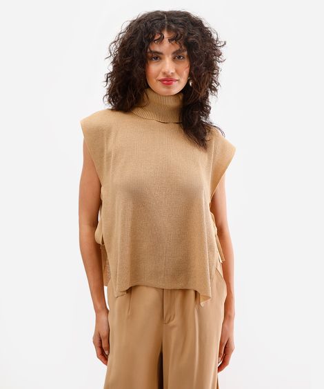blusa feminina de tricot com abertura gola alta bege