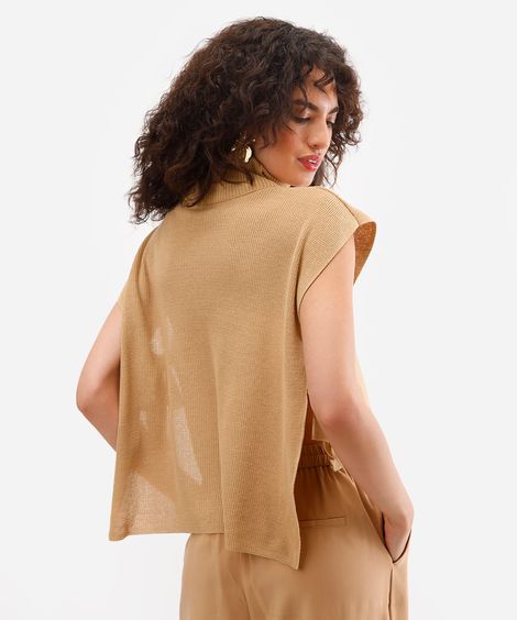 blusa feminina de tricot com abertura gola alta bege