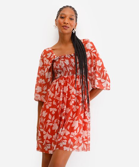 vestido curto feminino de tule manga bufante floral laranja