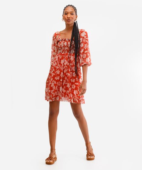 vestido curto feminino de tule manga bufante floral laranja