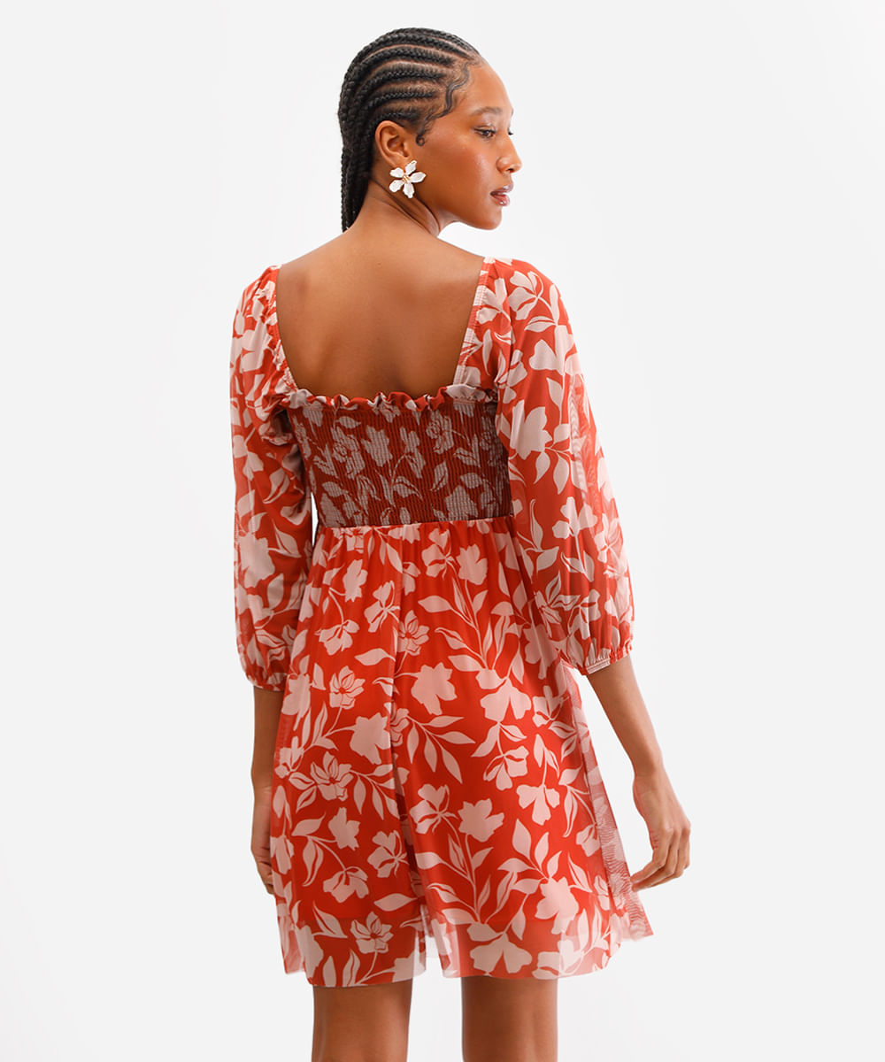 vestido curto feminino de tule manga bufante floral laranja