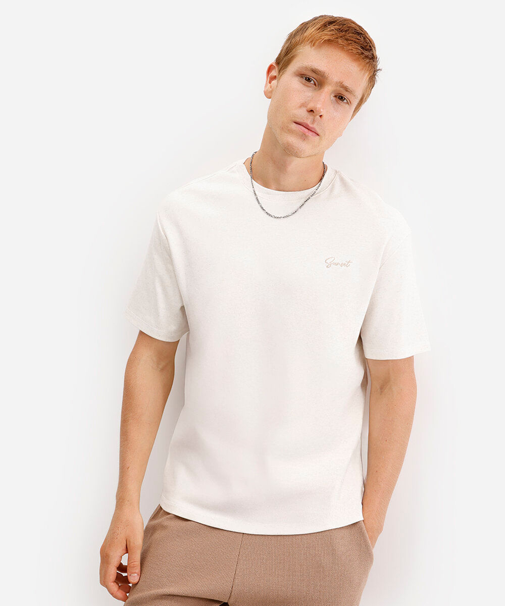 camiseta masculina com linho sunset manga curta bege