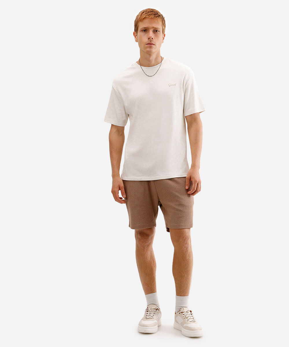 camiseta masculina com linho sunset manga curta bege
