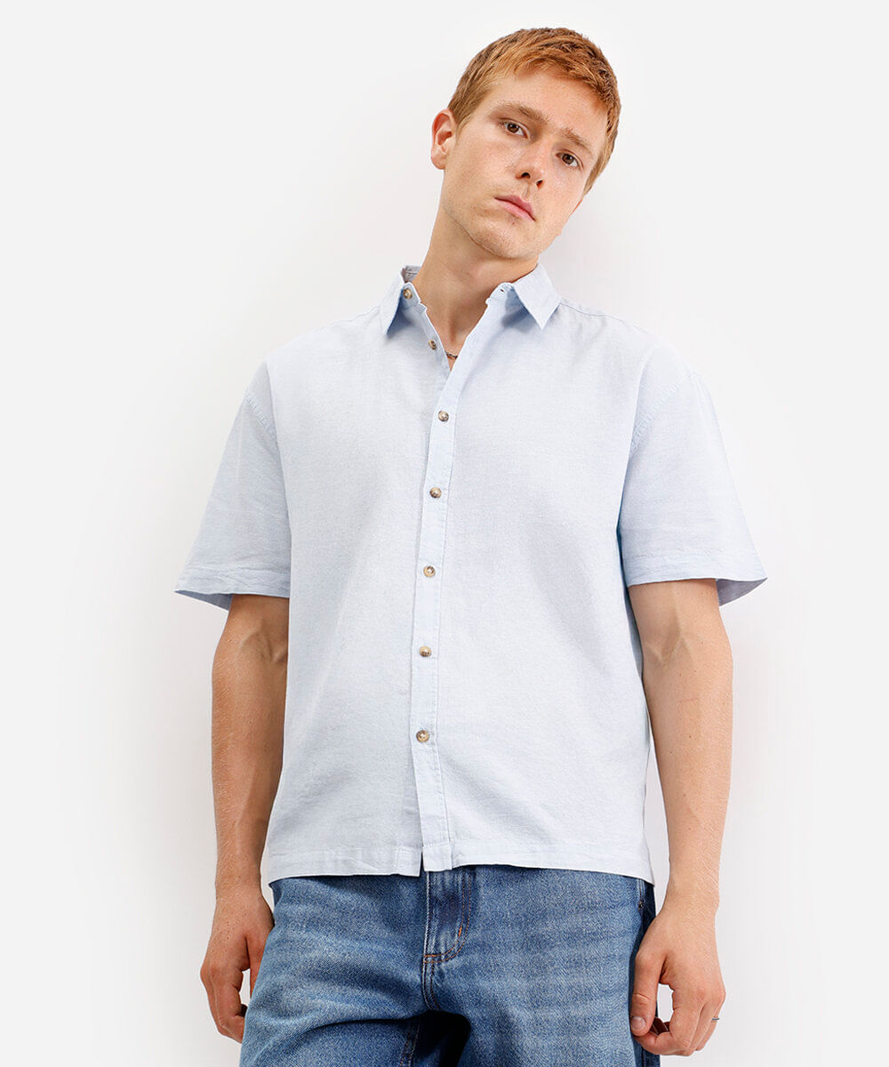 camisa masculina com linho manga curta azul