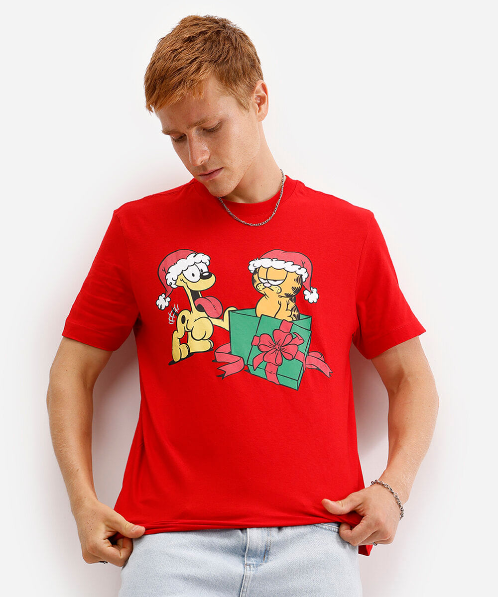 camiseta masculina de algodão garfield vermelha