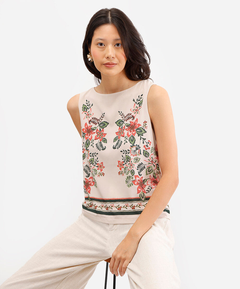 regata feminina de viscose floral bege