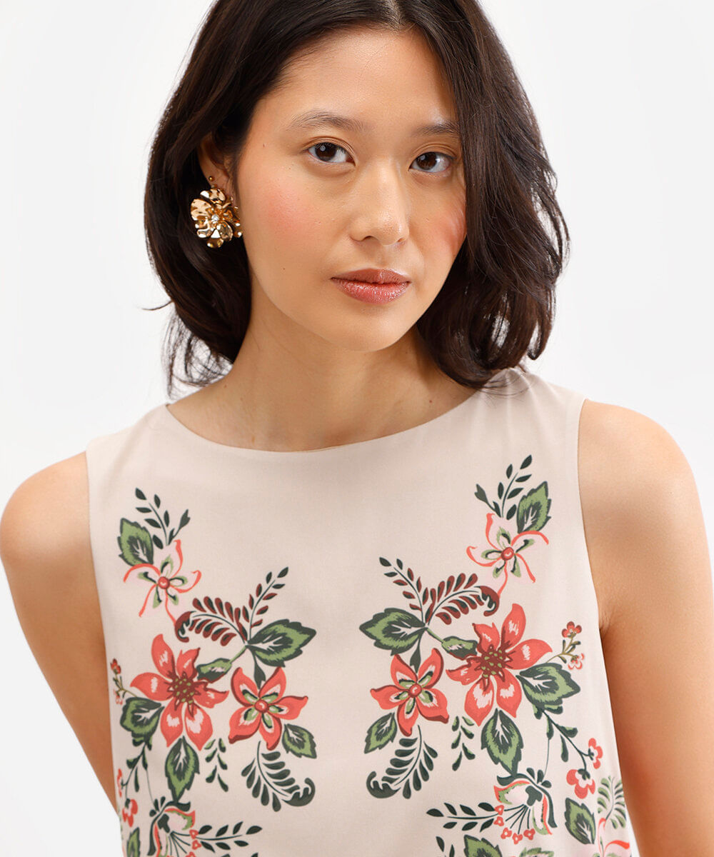 regata feminina de viscose floral bege