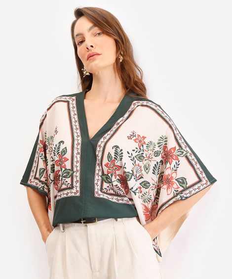 bata feminina decote v floral bege