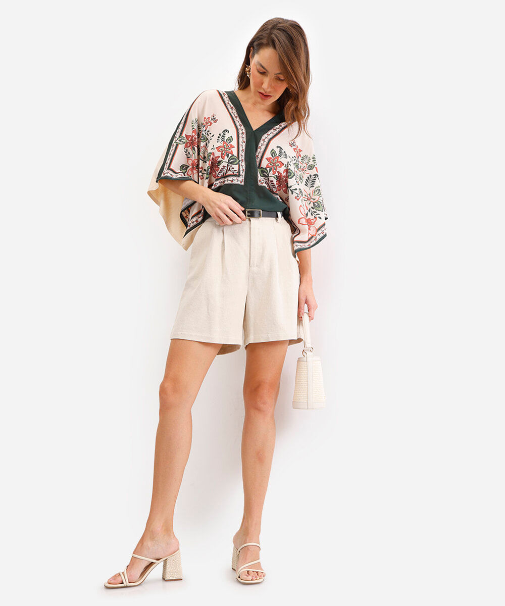 bata feminina decote v floral bege