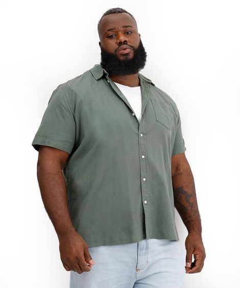 camisa plus size com linho manga curta verde