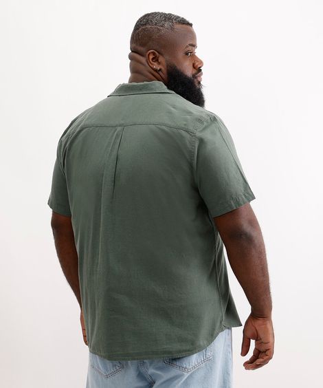 camisa plus size com linho manga curta verde