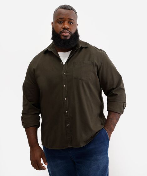 camisa masculina de sarja manga longa plus size verde