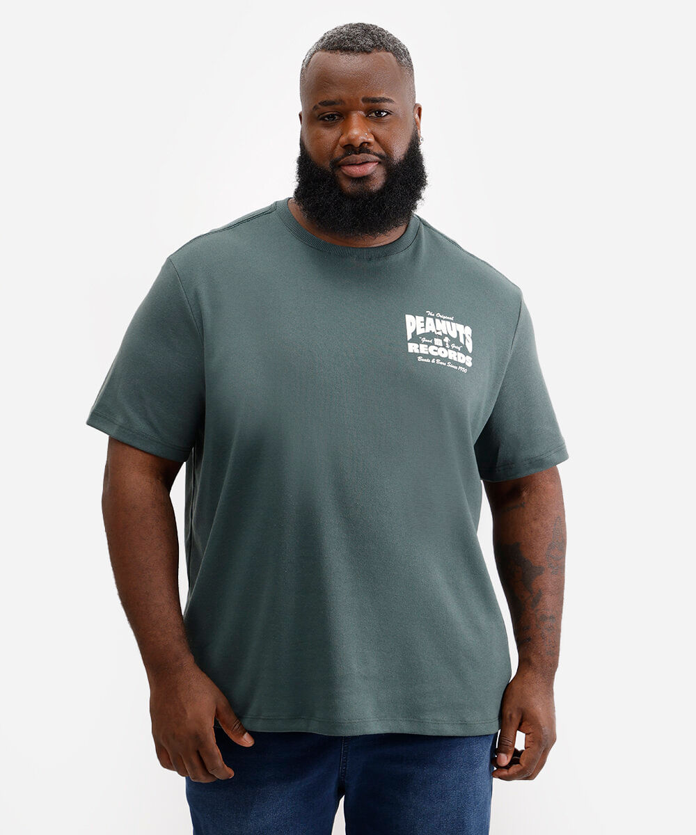 camiseta masculina de algodão snoopy plus size verde
