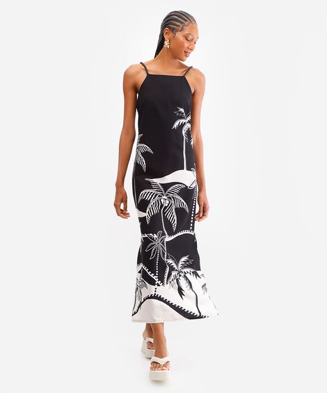 vestido midi feminino alça fina folhagens preto