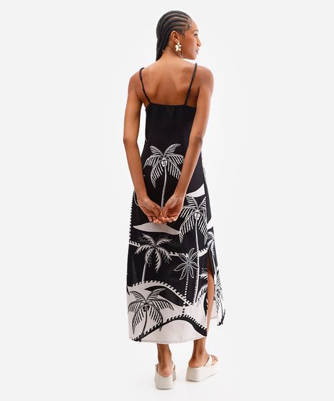 vestido midi feminino alça fina folhagens preto