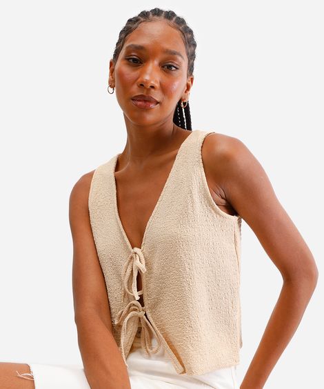 blusa cropped feminina com laço texturizada bege