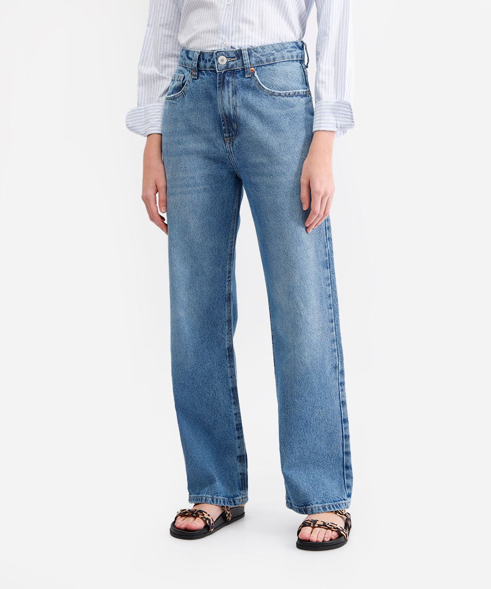 calça wide leg feminina jeans cintura alta azul