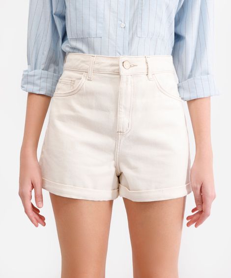 short mom feminino de sarja com barra dobrada bege