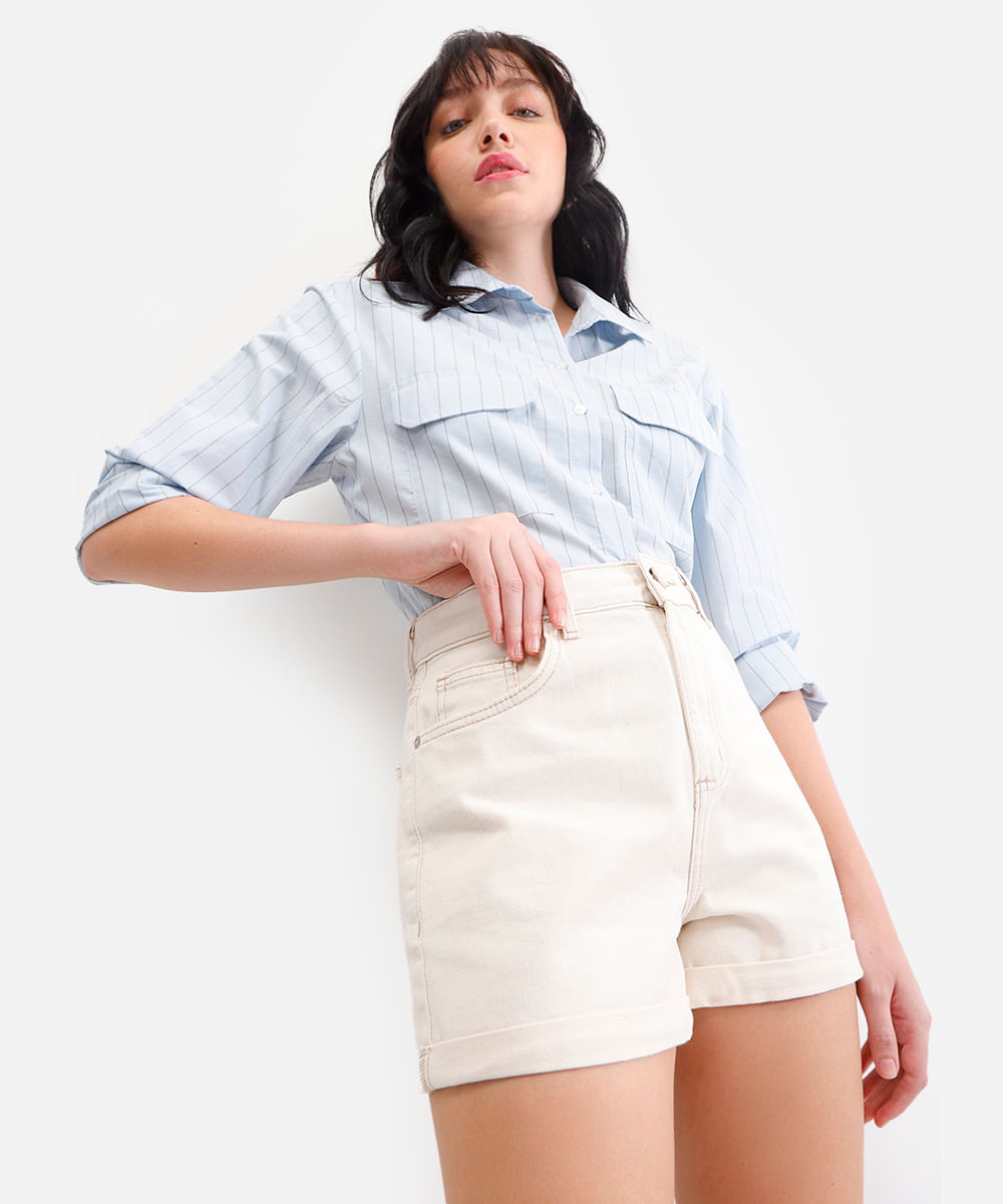 short mom feminino de sarja com barra dobrada bege