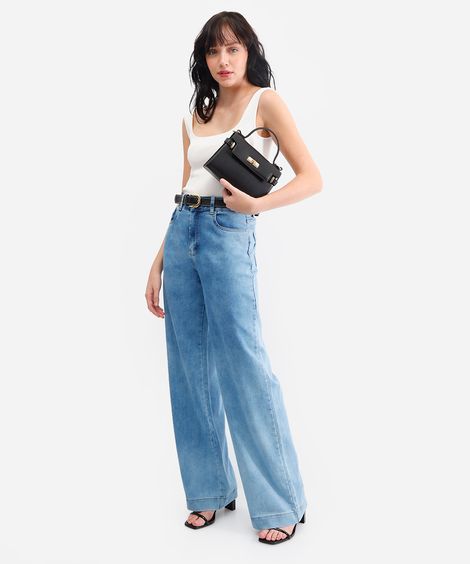 calça wide leg feminina jeans cintura alta sawary azul