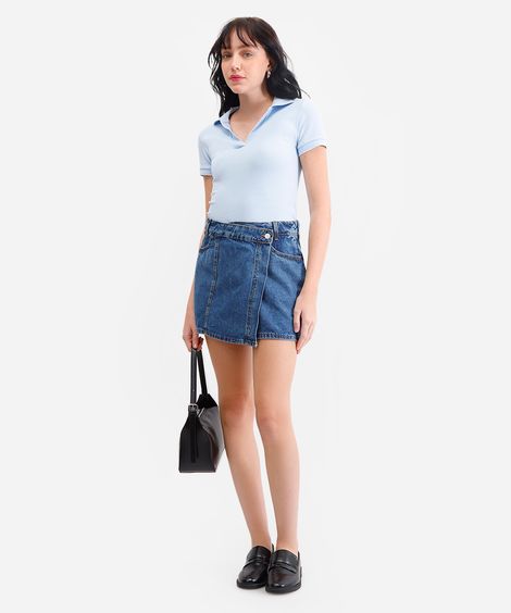 short saia feminino jeans cintura alta azul