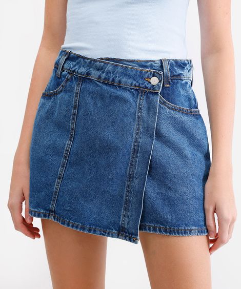 short saia feminino jeans cintura alta azul
