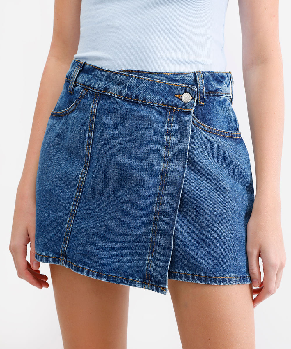 short saia feminino jeans cintura alta azul
