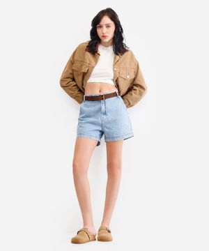 short feminino jeans cintura média azul