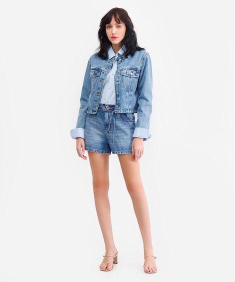 short mom feminino jeans cintura média azul