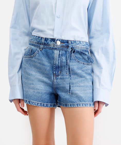short mom feminino jeans cintura média azul
