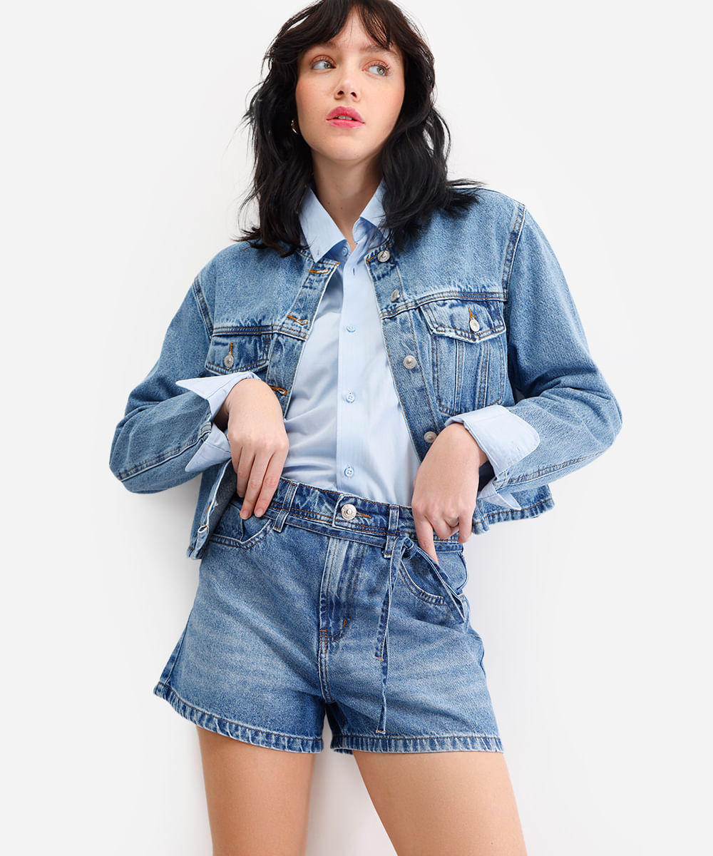 short mom feminino jeans cintura média azul